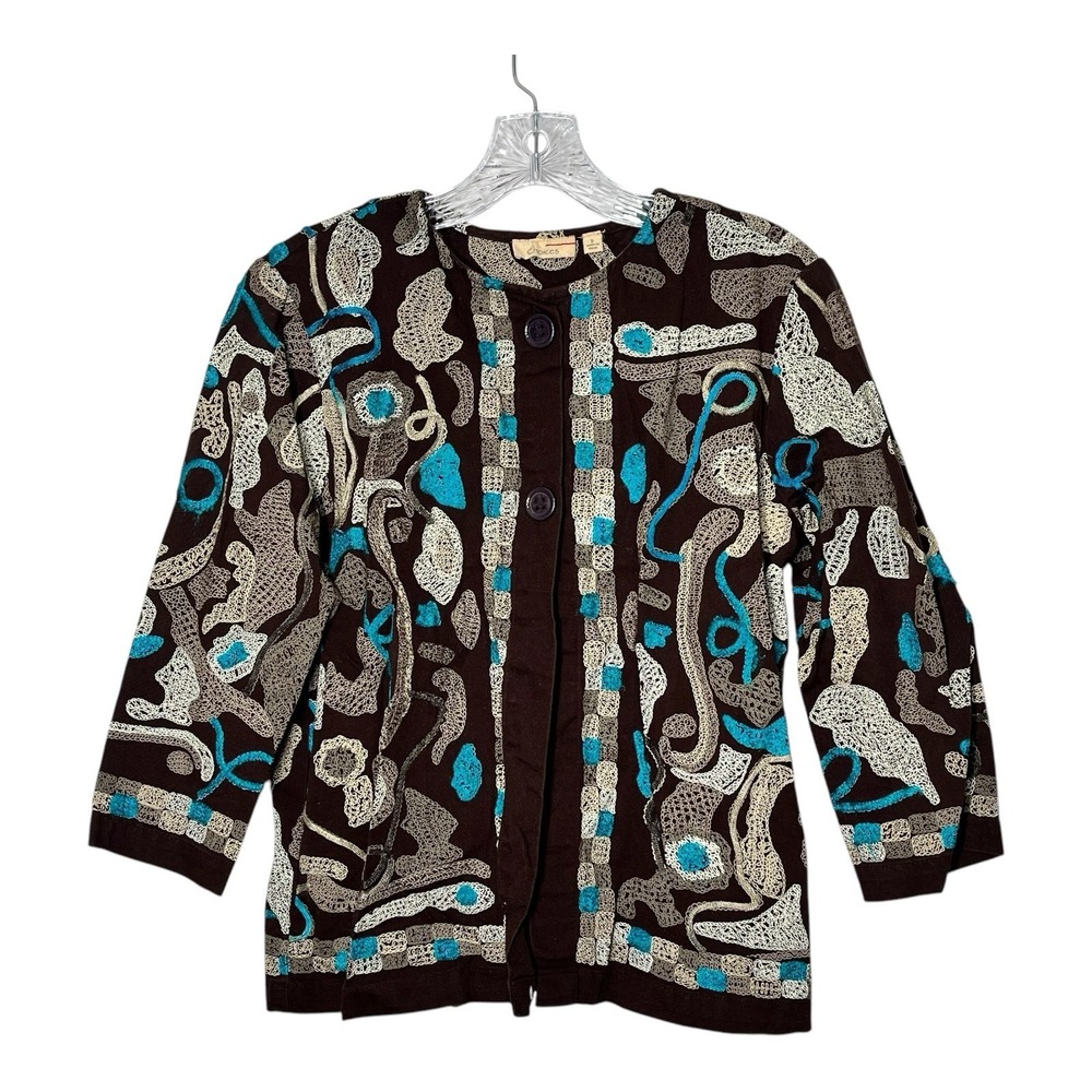 Choices Women's Embroidered Jacket Brown Blue 3/4 Sleeve‎ Button Front Size S
